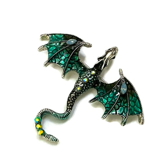 Green and Silver Flying Dragon Brooch/Pendant - Picture 1 of 7